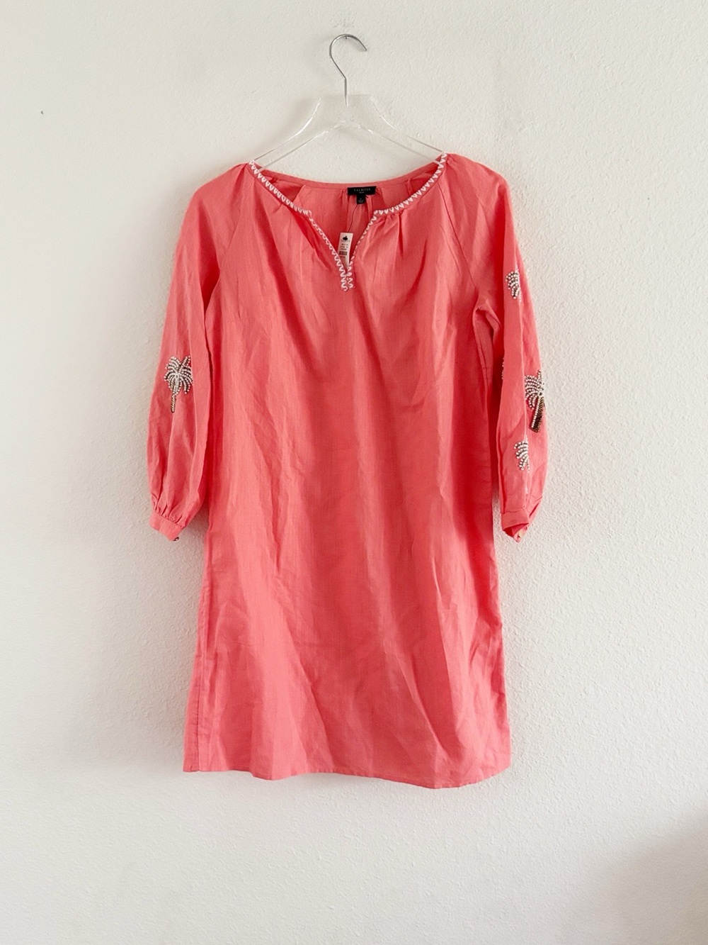 Talbots linen cotton Embroidered Beaded Palm Tree Shift Dress NWT